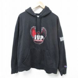 【50%OFF】XL★古着 チャンピオン Champion 長袖 スウェット パーカー メンズ 00年代 00s IUP 鳥 刺繍 大きいサイズ アクリル 黒 ブラック 25mar01 中古 スエット トレーナー トップス
