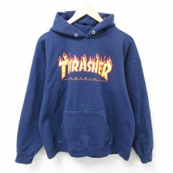 L★古着 スラッシャー THRASHER 長袖 スウェット パーカー メンズ ビッグロゴ 紺 ネイビー 【spe】 25mar01 中古 スエット トレーナー トップス