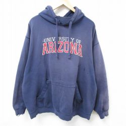 XL★古着 長袖 スウェット パーカー メンズ アリゾナ 大学 刺繍 ボロ 大きいサイズ 紺 ネイビー フード内側サーマル 25mar01 中古 スエット トレーナー トップス