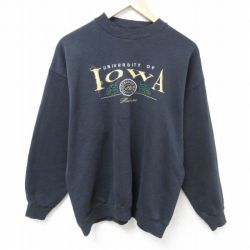 【50%OFF】L★古着 長袖 スウェット メンズ 90年代 90s アイオワ 大学 刺繍 クルーネック USA製 黒 ブラック 25mar01 中古 スエット トレーナー トップス