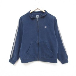 M★古着 チャンピオン Champion 長袖 フルジップ スウェット メンズ ワンポイントロゴ 紺 ネイビー 25mar03 中古 スエット トレーナー トップス
