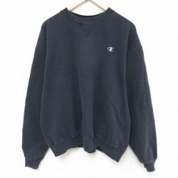 XL★古着 チャンピオン Champion 長袖 スウェット メンズ ワンポイントロゴ 大きいサイズ クルーネック 黒 ブラック 25mar03 中古 スエット トレーナー トップス