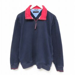 【50%OFF】L★古着 トミーヒルフィガー TOMMY HILFIGER 長袖 ブランド ハーフジップ スウェット メンズ 90年代 90s ワンポイントロゴ 襟付き 紺 ネイビー 25mar03 中古 スエット トレーナー トップス