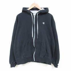 L★古着 チャンピオン Champion 長袖 フルジップ スウェット パーカー メンズ ワンポイントロゴ コットン 黒 ブラック 25mar04 中古 スエット トレーナー トップス