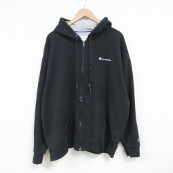 XL★古着 チャンピオン Champion 長袖 フルジップ スウェット パーカー メンズ ワンポイントロゴ 大きいサイズ 黒 ブラック 25mar04 中古 スエット トレーナー トップス