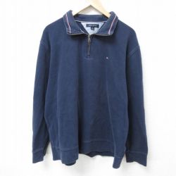XL★古着 トミーヒルフィガー TOMMY HILFIGER 長袖 ブランド ハーフジップ トップス メンズ ワンポイントロゴ 大きいサイズ コットン 紺 ネイビー 25mar05 中古 スエット トレーナー
