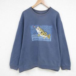 XL★古着 長袖 スウェット メンズ 魚 刺繍 大きいサイズ クルーネック 薄紺 ネイビー 25mar05 中古 スエット トレーナー トップス