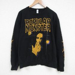 XL★古着 長袖 ロック バンド スウェット メンズ ポピュラーモンスター POPULAR MONSTER クルーネック 黒 ブラック 25mar05 中古 スエット トレーナー トップス