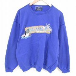 XL★古着 長袖 スウェット メンズ アラスカ 刺繍 大きいサイズ クルーネック 青紫 25mar06 中古 スエット トレーナー トップス