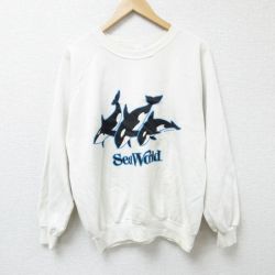 【50%OFF】L★古着 長袖 スウェット メンズ 80年代 80s シャチ クルーネック 白 ホワイト 25mar13 中古 スエット トレーナー トップス