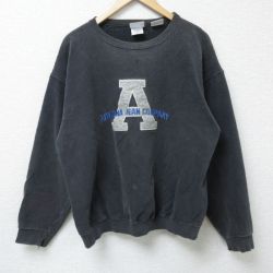 XL★古着 長袖 スウェット メンズ 90年代 90s アリゾナ 刺繍 鹿の子 ボロ クルーネック USA製 黒 ブラック 25mar13 中古 スエット トレーナー トップス