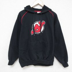 XL★古着 マジェスティック 長袖 スウェット パーカー メンズ 00年代 00s NHL ニュージャージーデビルス 刺繍 大きいサイズ 黒 ブラック アイスホッケー 25mar07 中古 スエット トレーナー トップス