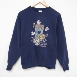 M★古着 長袖 スウェット メンズ 00年代 00s 花 クルーネック 紺 ネイビー 25mar07 中古 スエット トレーナー トップス