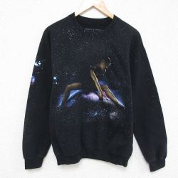 【50%OFF】M★古着 長袖 スウェット メンズ アリアナグランデ クルーネック 黒 ブラック 25mar07 中古 スエット トレーナー トップス