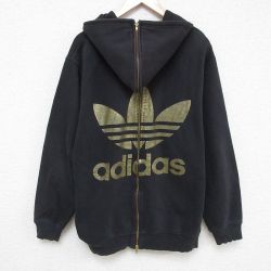 XL★古着 アディダス adidas ジェレミースコット 長袖 フルジップ スウェット パーカー メンズ リーフ トレフォイル 大きいサイズ クルーネック 黒 ブラック 【spe】 25mar07 中古 スエット トレーナー トップス