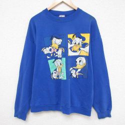 L★古着 長袖 スウェット メンズ 90年代 90s ディズニー DISNEY ドナルド クルーネック USA製 青 ブルー 25mar07 中古 スエット トレーナー トップス