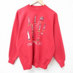 L★古着 長袖 スウェット メンズ 00年代 00s 灯台 クルーネック 赤 レッド 25mar13 中古 スエット トレーナー トップス