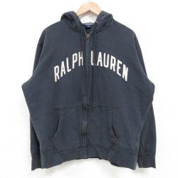 L★古着 ラルフローレン Ralph Lauren ポロジーンズ 長袖 ブランド フルジップ スウェット パーカー メンズ ビッグロゴ 紺 ネイビー フード内側サーマル 25mar13 中古 スエット トレーナー トップス