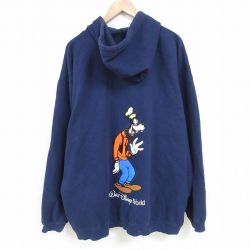 XL★古着 長袖 フルジップ スウェット パーカー メンズ 00年代 00s ディズニー DISNEY グーフィー 刺繍 大きいサイズ 紺 ネイビー 25mar07 中古 スエット トレーナー トップス