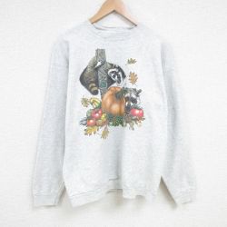 L★古着 長袖 スウェット メンズ 90年代 90s アライグマ クルーネック USA製 薄グレー 霜降り 25mar07 中古 スエット トレーナー トップス