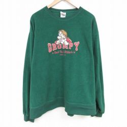 XL★古着 長袖 フリース トップス メンズ 00年代 00s ディズニー DISNEY しらゆきひめ 7人の小人 七人のこびと グランピー 刺繍 大きいサイズ ポリエステル クルーネック 濃緑 グリーン 25mar07 中古 スエット トレーナー