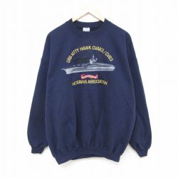 XL★古着 長袖 スウェット メンズ 00年代 00s 軍艦 刺繍 大きいサイズ クルーネック 紺 ネイビー 【spe】 25mar08 中古 スエット トレーナー トップス