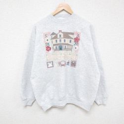 XL★古着 長袖 スウェット メンズ 00年代 00s 家 花 クルーネック グレー 霜降り 25mar08 中古 スエット トレーナー トップス