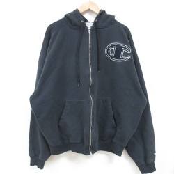XL★古着 チャンピオン Champion 長袖 フルジップ スウェット パーカー メンズ 00年代 00s ビッグロゴ 黒 ブラック 【spe】 25mar08 中古 スエット トレーナー トップス