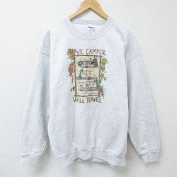 【50%OFF】L★古着 長袖 スウェット メンズ 00年代 00s キャンピングカー クルーネック 薄グレー 霜降り 25mar10 中古 スエット トレーナー トップス