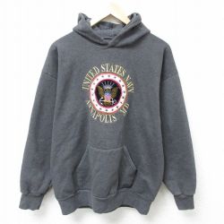 【50%OFF】L★古着 長袖 スウェット パーカー メンズ 90年代 90s NAVY アナポリス 刺繍 USA製 濃グレー 霜降り 25mar14 中古 スエット トレーナー トップス