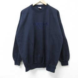 XL★古着 長袖 スウェット メンズ 90年代 90s ロンドン 刺繍 クルーネック イギリス製 紺 ネイビー 25mar12 中古 スエット トレーナー トップス