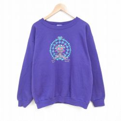 【50%OFF】L★古着 長袖 スウェット メンズ 90年代 90s 花 クルーネック USA製 紫 パープル 25mar14 中古 スエット トレーナー トップス
