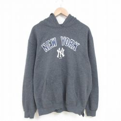 XL★古着 マジェスティック 長袖 スウェット パーカー メンズ MLB ニューヨークヤンキース 濃グレー 霜降り メジャーリーグ ベースボール 野球 25mar14 中古 スエット トレーナー トップス