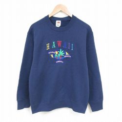 M★古着 フルーツオブザルーム 長袖 スウェット メンズ 00年代 00s ハワイ 刺繍 クルーネック 紺 ネイビー 25mar14 中古 スエット トレーナー トップス