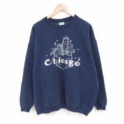 【20%OFF】XL★古着 長袖 スウェット メンズ 00年代 00s シカゴ 大きいサイズ クルーネック 紺 ネイビー 25mar14 中古 スエット トレーナー トップス