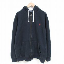 XL★古着 ラルフローレン Ralph Lauren 長袖 ブランド フルジップ スウェット パーカー メンズ 00年代 00s ワンポイントロゴ 大きいサイズ 黒 ブラック フード内側サーマル 25mar14 中古 スエット トレーナー トップス