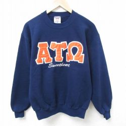 M★古着 ジャージーズ 長袖 スウェット メンズ 90年代 90s ギリシャ文字 クルーネック USA製 紺 ネイビー 25mar15 中古 スエット トレーナー トップス