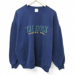 XL★古着 長袖 スウェット メンズ 90年代 90s THE ROCK 刺繍 大きいサイズ クルーネック USA製 紺 ネイビー 【spe】 25mar15 中古 スエット トレーナー トップス