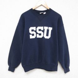 L★古着 長袖 スウェット メンズ 90年代 90s SSU 刺繍 クルーネック USA製 紺 ネイビー 25mar21 中古 スエット トレーナー トップス