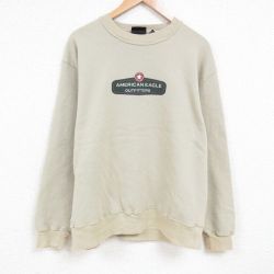 XL★古着 アメリカンイーグル American Eagle 長袖 スウェット メンズ ビッグロゴ クルーネック 薄ベージュ カーキ 25mar17 中古 スエット トレーナー トップス