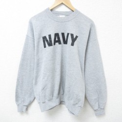 L★古着 長袖 スウェット メンズ 90年代 90s ミリタリー ネイビー NAVY クルーネック USA製 グレー 霜降り 25mar17 中古 スエット トレーナー トップス