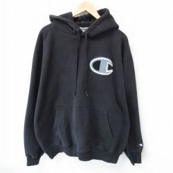 【20%OFF】XL★古着 チャンピオン Champion 長袖 スウェット パーカー メンズ ワンポイントロゴ 大きいサイズ 黒 ブラック 25mar19 中古 スエット トレーナー トップス