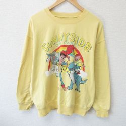 XL★古着 長袖 スウェット メンズ ディズニー DISNEY ピクサー トイストーリー ウッディ バズライトイヤー クルーネック 黄 イエロー 25mar19 中古 スエット トレーナー トップス