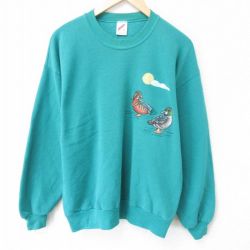 【20%OFF】L★古着 ジャージーズ 長袖 スウェット メンズ 90年代 90s 鳥 クルーネック USA製 緑 グリーン 25mar22 中古 スエット トレーナー トップス