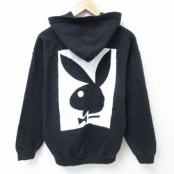 【20%OFF】M★古着 プレイボーイ PLAY BOY 長袖 スウェット パーカー メンズ ビッグロゴ 黒 ブラック 25mar22 中古 スエット トレーナー トップス