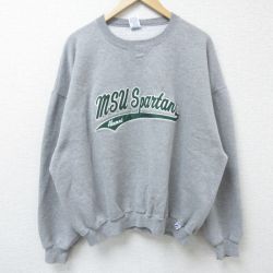 XL★古着 ラッセル 長袖 スウェット メンズ 00年代 00s ミシガン 大学 刺繍 大きいサイズ クルーネック グレー 霜降り 25mar29 中古 スエット トレーナー トップス