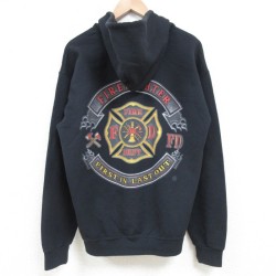 L★古着 ジャージーズ 長袖 スウェット パーカー メンズ FIREFIGHTER 黒 ブラック 25mar25 中古 スエット トレーナー トップス