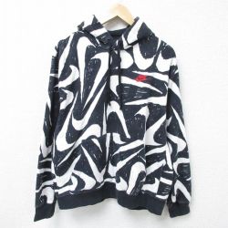 XL★古着 ナイキ NIKE 長袖 スウェット パーカー メンズ ワンポイントロゴ 総柄 黒他 ブラック 25mar26 中古 スエット トレーナー トップス