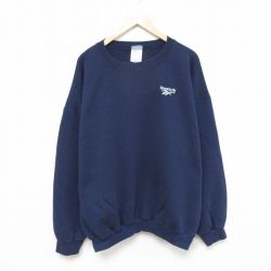 XL★古着 リーボック REEBOK 長袖 スウェット メンズ 90年代 90s ワンポイントロゴ 大きいサイズ クルーネック USA製 紺 ネイビー 25mar26 中古 スエット トレーナー トップス