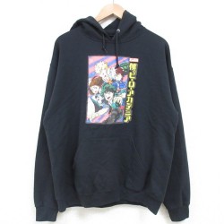 【50%OFF】M★古着 長袖 スウェット パーカー メンズ アニメ 僕のヒーローアカデミア 緑谷出久 グリーン 黒 ブラック 25mar27 中古 スエット トレーナー トップス